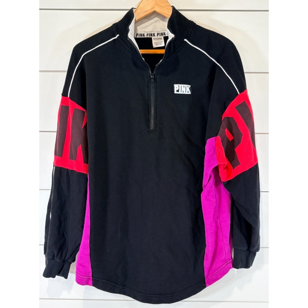 Victoria's Secret PINK Quarter Zip Pullover Colorblock Black Pink Red Size Large